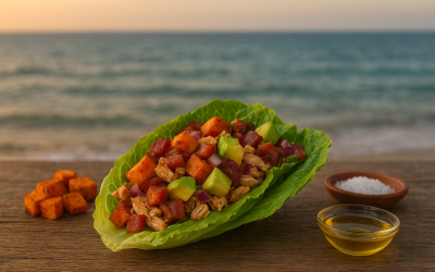 Tacos cu pui, cartof dulce, avocado si salata verde
